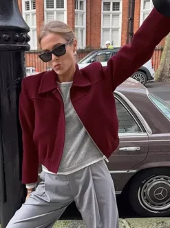 Burgundy Red Women's Cropped Jacket - Chic Turn Down Collar Zip Up Elastic Hem - Spring Casual Streetwear 2026