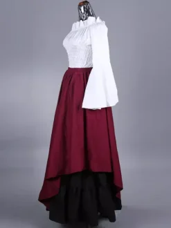 Burgundy Retro Costumes Ruffles Polyester Plaid Top Women's Marie Antoinette Costume Retro Set Party Prom Dress