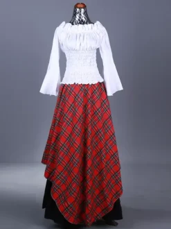 Burgundy Retro Costumes Ruffles Polyester Plaid Top Women's Marie Antoinette Costume Retro Set Party Prom Dress