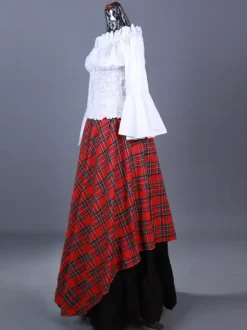 Burgundy Retro Costumes Ruffles Polyester Plaid Top Women's Marie Antoinette Costume Retro Set Party Prom Dress