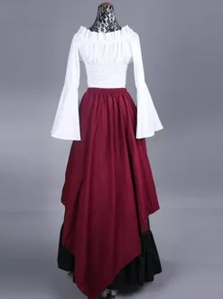Burgundy Retro Costumes Ruffles Polyester Plaid Top Women's Marie Antoinette Costume Retro Set Party Prom Dress