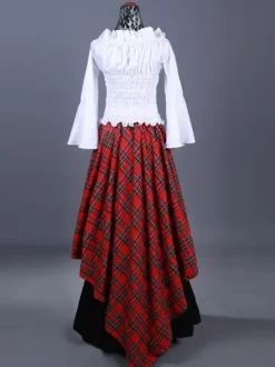Burgundy Retro Costumes Ruffles Polyester Plaid Top Women's Marie Antoinette Costume Retro Set Party Prom Dress