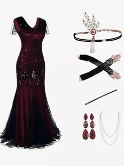 Burgundy Retro Costumes Women's Marie Antoinette Costume Fringe Sequins Polyester Set Dress Accessory Retro Party Prom Dress