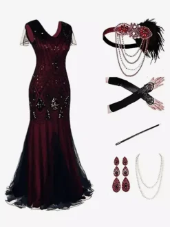 Burgundy Retro Costumes Women's Marie Antoinette Costume Fringe Sequins Polyester Set Dress Accessory Retro Party Prom Dress