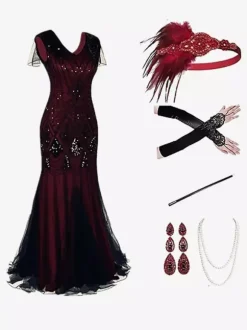 Burgundy Retro Costumes Women's Marie Antoinette Costume Fringe Sequins Polyester Set Dress Accessory Retro Party Prom Dress