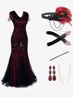 Burgundy Retro Costumes Women's Marie Antoinette Costume Fringe Sequins Polyester Set Dress Accessory Retro Party Prom Dress