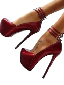Burgundy Sexy Shoes Women Platform Stiletto Heel Ankle Strap Pumps High Heels