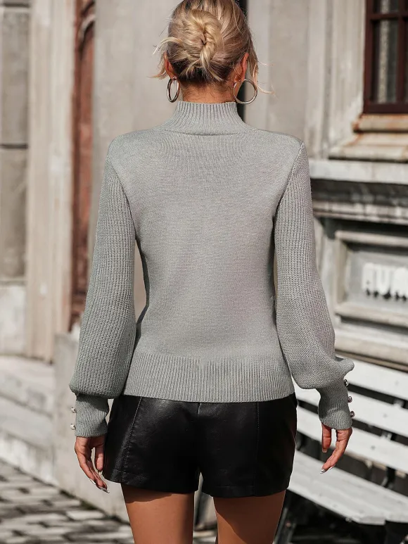Burgundy Sweater High Collar Long Sleeves Ribbed Cuff Buttons Sweater