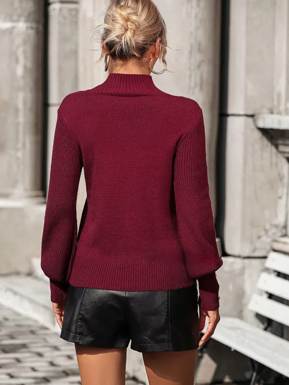 Burgundy Sweater High Collar Long Sleeves Ribbed Cuff Buttons Sweater