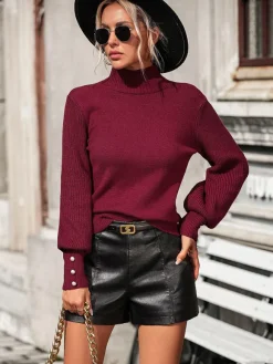 Burgundy Sweater High Collar Long Sleeves Ribbed Cuff Buttons Sweater