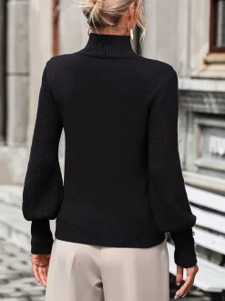 Burgundy Sweater High Collar Long Sleeves Ribbed Cuff Buttons Sweater
