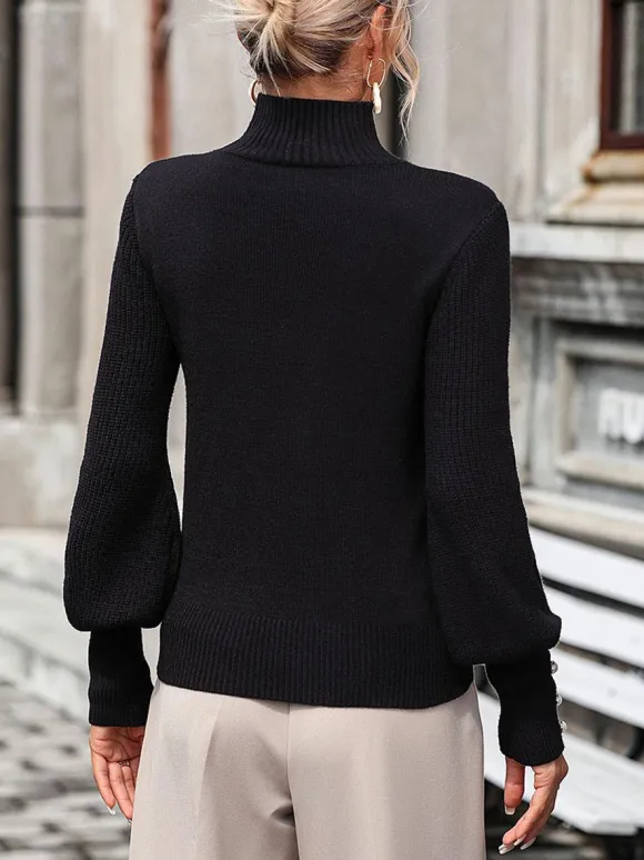 Burgundy Sweater High Collar Long Sleeves Ribbed Cuff Buttons Sweater