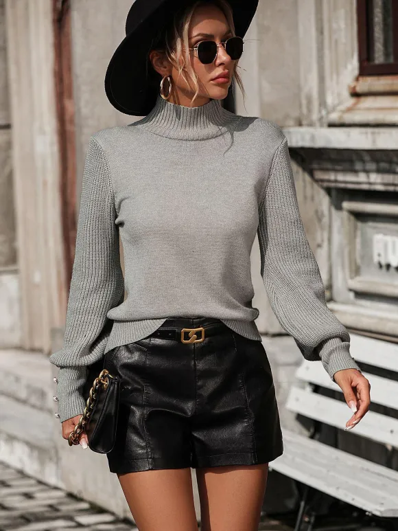 Burgundy Sweater High Collar Long Sleeves Ribbed Cuff Buttons Sweater