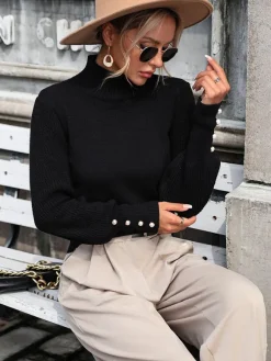 Burgundy Sweater High Collar Long Sleeves Ribbed Cuff Buttons Sweater