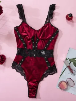 Burgundy Two-Tone Lace Open Shoulder Velour Sexy Teddies For Women Lingerie