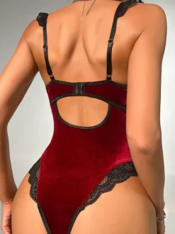 Burgundy Two-Tone Lace Open Shoulder Velour Sexy Teddies For Women Lingerie