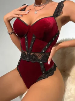 Burgundy Two-Tone Lace Open Shoulder Velour Sexy Teddies For Women Lingerie