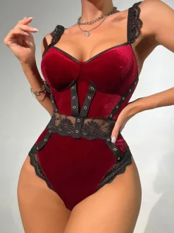 Burgundy Two-Tone Lace Open Shoulder Velour Sexy Teddies For Women Lingerie