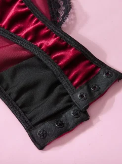 Burgundy Two-Tone Lace Open Shoulder Velour Sexy Teddies For Women Lingerie