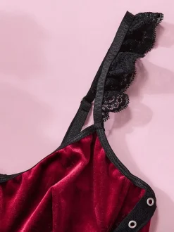 Burgundy Two-Tone Lace Open Shoulder Velour Sexy Teddies For Women Lingerie