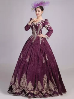 Burgundy Victorian Rococo Dress V-Neck Long Sleeves Ball Gown Dress