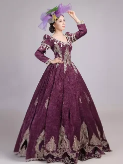 Burgundy Victorian Rococo Dress V-Neck Long Sleeves Ball Gown Dress