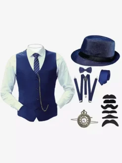 Burgundy Vintage Set Retro Long Sleeves Polyester Waistcoat Retro Costumes For Man