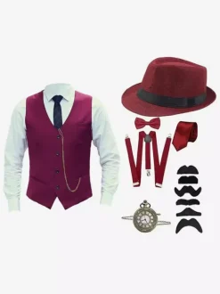 Burgundy Vintage Set Retro Long Sleeves Polyester Waistcoat Retro Costumes For Man