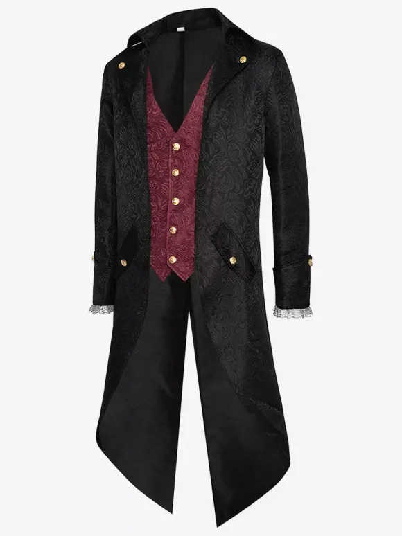 Burgundy Vintage Western Polyester Jacquard Long Sleeves Retro Costumes For Man