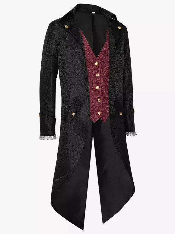 Burgundy Vintage Western Polyester Jacquard Long Sleeves Retro Costumes For Man