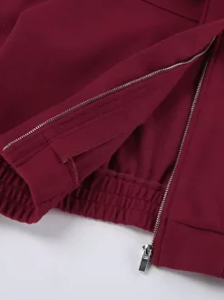 Burgundy Wine Red Minimal Collar Full Zip Elastic Cuff Waist Short Bomber Jacket