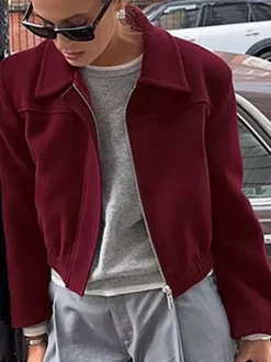 Burgundy Wine Red Minimal Collar Full Zip Elastic Cuff Waist Short Bomber Jacket