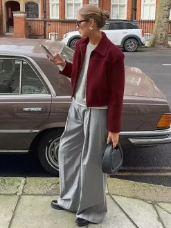 Burgundy Wine Red Minimal Collar Full Zip Elastic Cuff Waist Short Bomber Jacket
