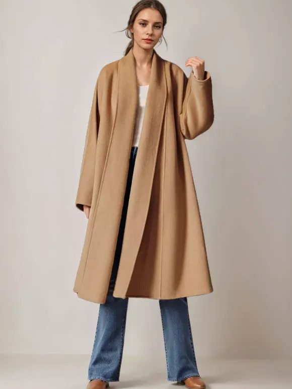 Burgundy Wool Cashmere Blend Wrap Coat For Woman Lapel Elegant Belted Double-Faced Winter Outerwear 2026