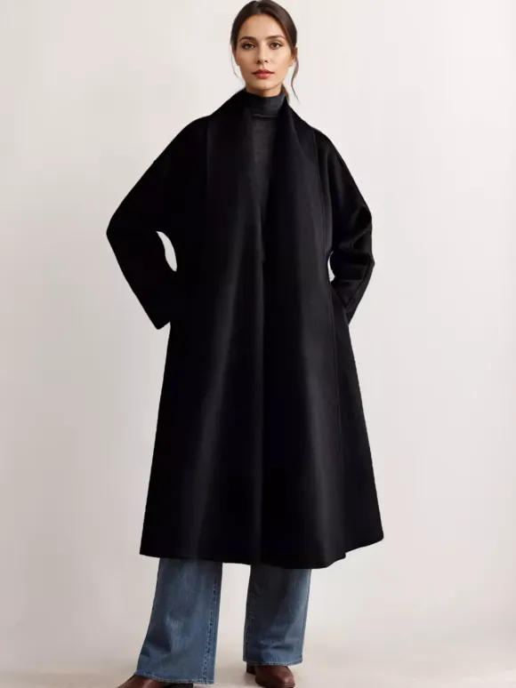 Burgundy Wool Cashmere Blend Wrap Coat For Woman Lapel Elegant Belted Double-Faced Winter Outerwear 2026