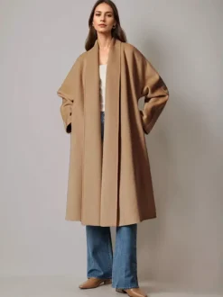 Burgundy Wool Cashmere Blend Wrap Coat For Woman Lapel Elegant Belted Double-Faced Winter Outerwear 2026