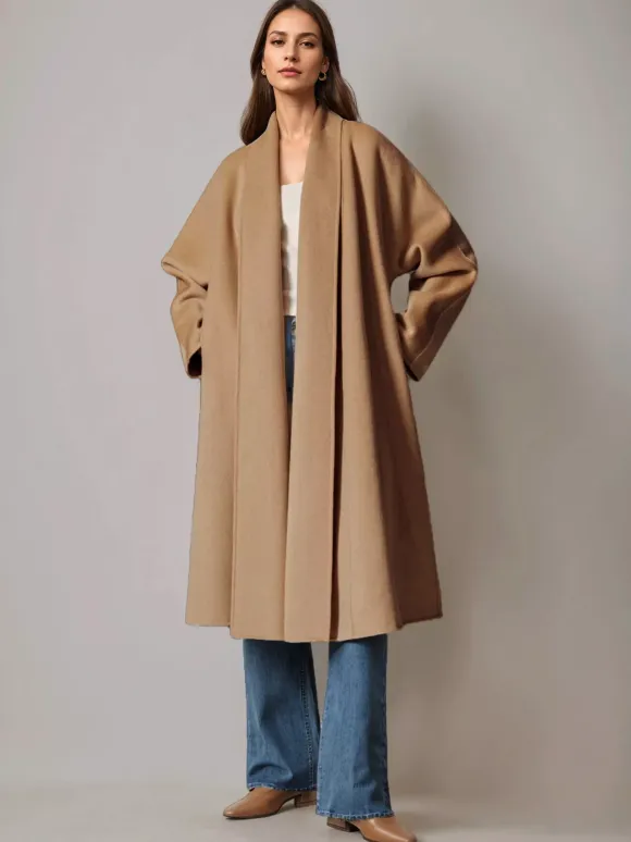 Burgundy Wool Cashmere Blend Wrap Coat For Woman Lapel Elegant Belted Double-Faced Winter Outerwear 2026