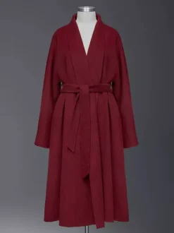 Burgundy Wool Cashmere Blend Wrap Coat For Woman Lapel Elegant Belted Double-Faced Winter Outerwear 2026
