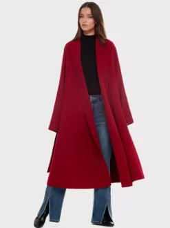 Burgundy Wool Cashmere Blend Wrap Coat For Woman Lapel Elegant Belted Double-Faced Winter Outerwear 2026