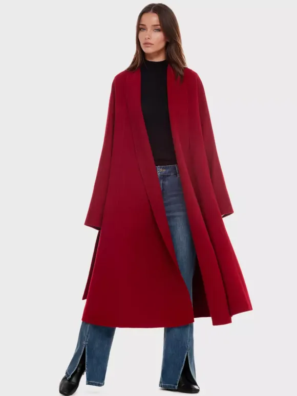Burgundy Wool Cashmere Blend Wrap Coat For Woman Lapel Elegant Belted Double-Faced Winter Outerwear 2026