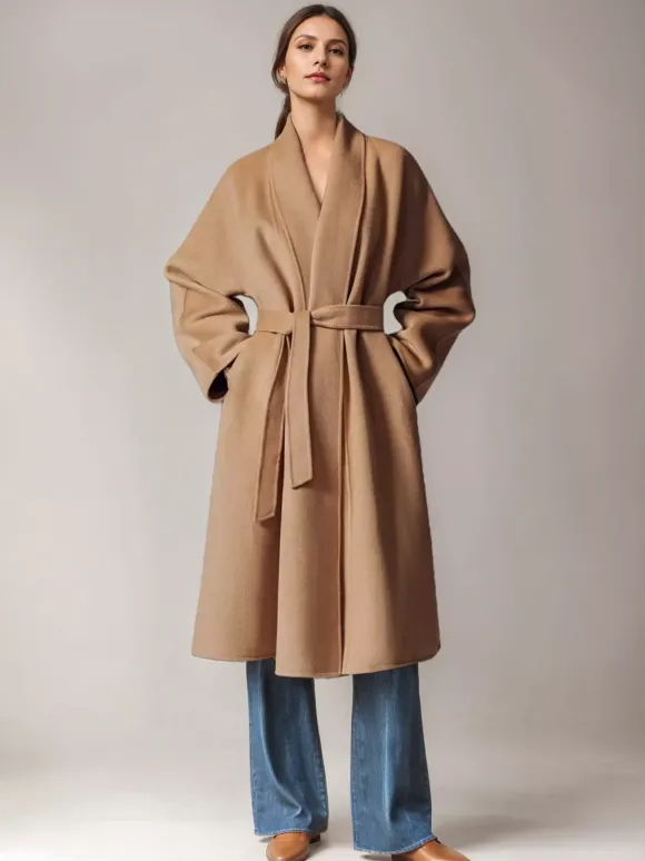 Burgundy Wool Cashmere Blend Wrap Coat For Woman Lapel Elegant Belted Double-Faced Winter Outerwear 2026