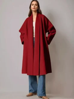 Burgundy Wool Cashmere Blend Wrap Coat For Woman Lapel Elegant Belted Double-Faced Winter Outerwear 2026