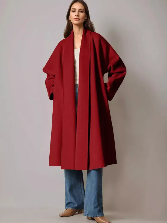 Burgundy Wool Cashmere Blend Wrap Coat For Woman Lapel Elegant Belted Double-Faced Winter Outerwear 2026