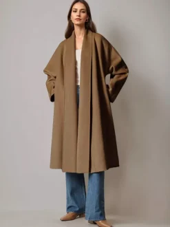 Burgundy Wool Cashmere Blend Wrap Coat For Woman Lapel Elegant Belted Double-Faced Winter Outerwear 2026
