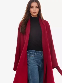 Burgundy Wool Cashmere Blend Wrap Coat For Woman Lapel Elegant Belted Double-Faced Winter Outerwear 2026