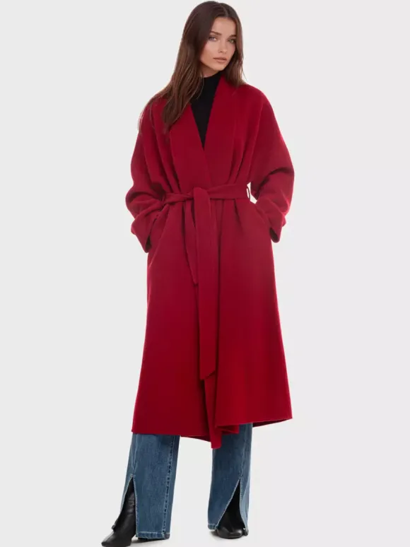 Burgundy Wool Cashmere Blend Wrap Coat For Woman Lapel Elegant Belted Double-Faced Winter Outerwear 2026
