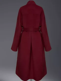 Burgundy Wool Cashmere Blend Wrap Coat For Woman Lapel Elegant Belted Double-Faced Winter Outerwear 2026