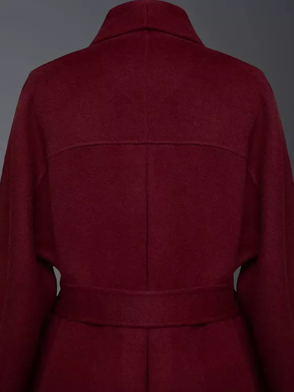 Burgundy Wool Cashmere Blend Wrap Coat For Woman Lapel Elegant Belted Double-Faced Winter Outerwear 2026