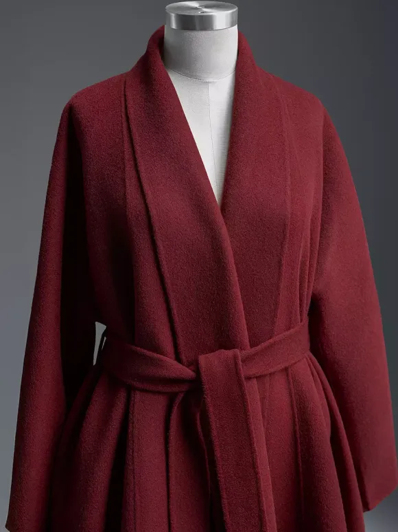 Burgundy Wool Cashmere Blend Wrap Coat For Woman Lapel Elegant Belted Double-Faced Winter Outerwear 2026