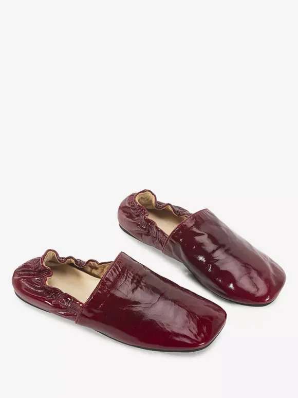 Burgundy Ballet Flats Genuine Leather Square Toe Slip On Flat Shoes